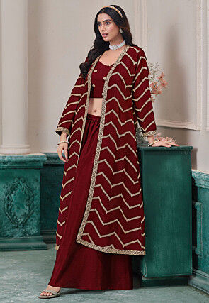 Embroidered Chinon Silk Crop Top Set in Maroon