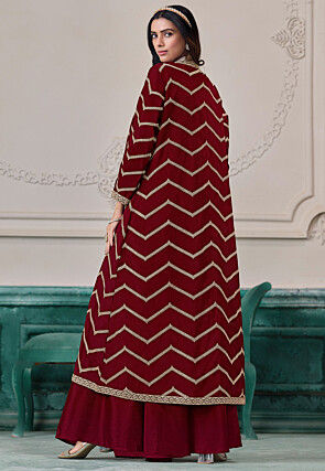 Embroidered Chinon Silk Crop Top Set in Maroon