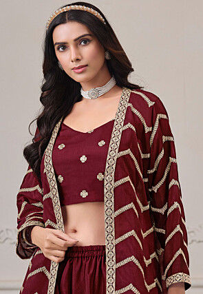 Embroidered Chinon Silk Crop Top Set in Maroon