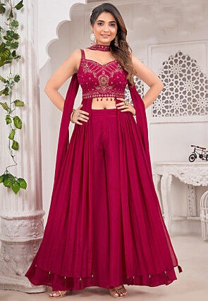 Embroidered Chinon Silk Crop Top Set in Maroon