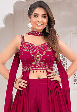 Embroidered Chinon Silk Crop Top Set in Maroon