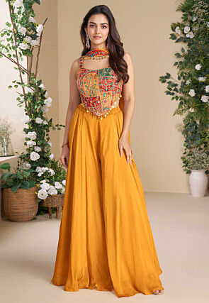 Embroidered Chinon Silk Crop Top Set in Multicolor