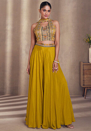 Embroidered Chinon Silk Crop Top Set in Mustard