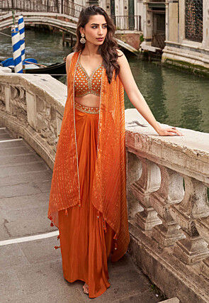 Embroidered Chinon Silk Crop Top Set in Orange