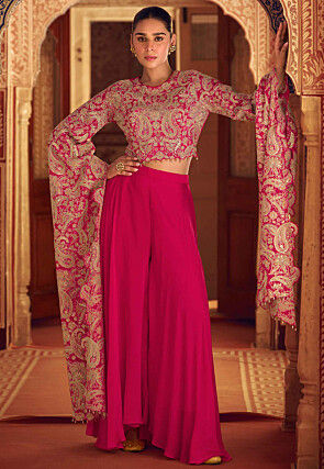 Embroidered Chinon Silk Crop Top Set in Pink