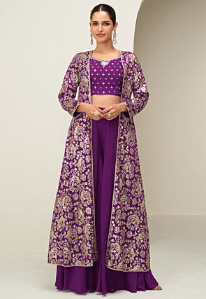 Embroidered Chinon Silk Crop Top Set in Purple