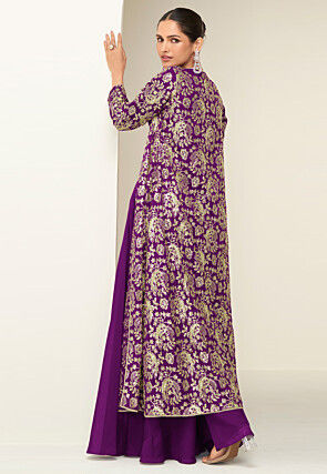 Embroidered Chinon Silk Crop Top Set in Purple