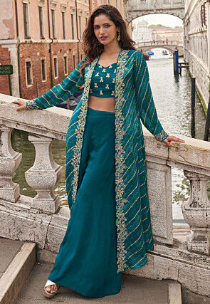 Embroidered Chinon Silk Crop Top Set in Teal Blue