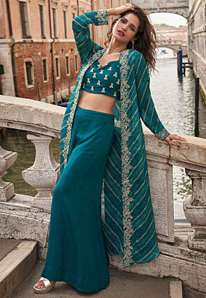 Embroidered Chinon Silk Crop Top Set in Teal Blue