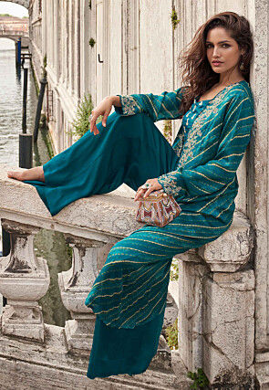 Embroidered Chinon Silk Crop Top Set in Teal Blue