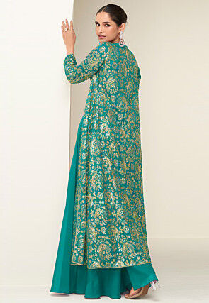 Embroidered Chinon Silk Crop Top Set in Teal Green