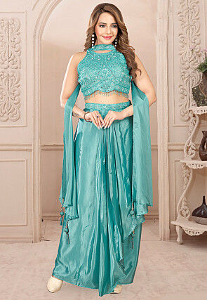 Embroidered Chinon Silk Crop Top Set in Turquoise