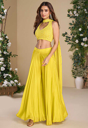 Embroidered Chinon Silk Crop Top Set in Yellow