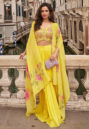 Embroidered Chinon Silk Crop Top Set in Yellow