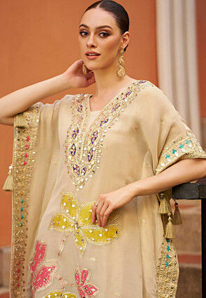 Embroidered Chinon Silk Kaftan Set in Cream
