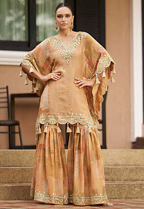 Embroidered Chinon Silk Kaftan Set in Light Brown