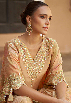 Embroidered Chinon Silk Kaftan Set in Light Brown