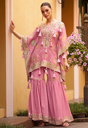 Embroidered Chinon Silk Jacquard Kaftan Set in Pink