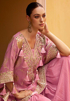 Embroidered Chinon Silk Jacquard Kaftan Set in Pink