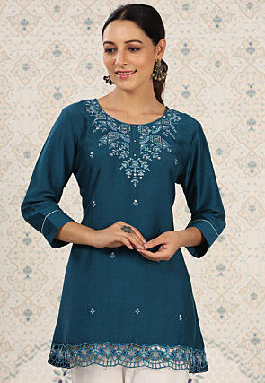 Embroidered Chinon Silk Kurti in Teal Blue