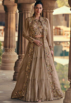 Embroidered Chinon Silk Lehenga in Beige