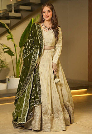 Embroidered Chinon Silk Lehenga in Cream