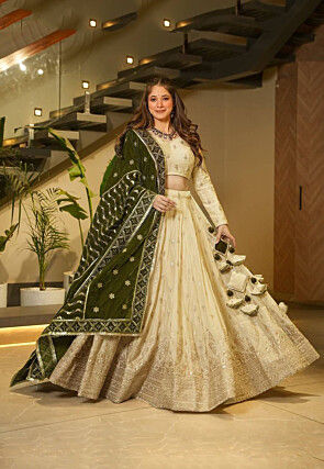 Embroidered Chinon Silk Lehenga in Cream