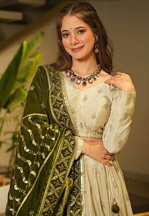 Embroidered Chinon Silk Lehenga in Cream