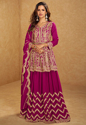 Embroidered Chinon Silk Lehenga in Dark Pink
