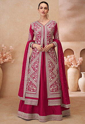 Embroidered Chinon Silk Lehenga in Fuchsia