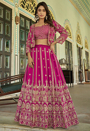 Embroidered Chinon Silk Lehenga in Fuchsia