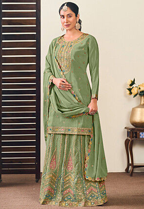 Embroidered Chinon Silk Lehenga in Green