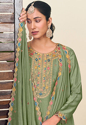 Embroidered Chinon Silk Lehenga in Green