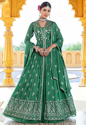Embroidered Chinon Silk Lehenga in Green