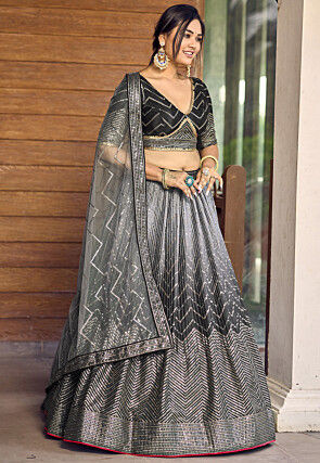 Embroidered Chinon Silk Lehenga in Grey and Black