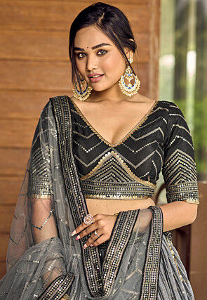 Embroidered Chinon Silk Lehenga in Grey and Black
