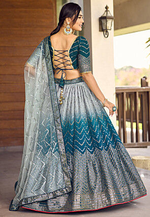 Embroidered Chinon Silk Lehenga in Grey and Teal Blue