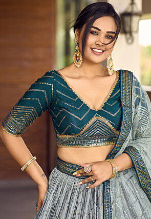 Embroidered Chinon Silk Lehenga in Grey and Teal Blue