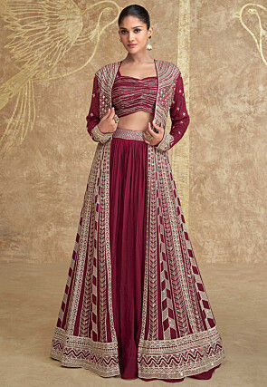 Embroidered Chinon Silk Lehenga in Maroon