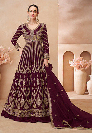 Embroidered Chinon Silk Lehenga in Maroon