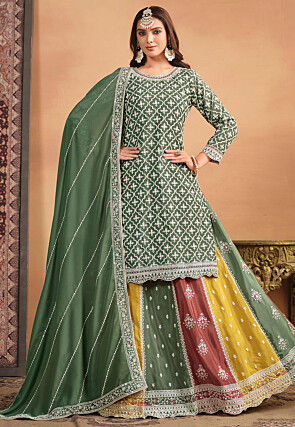 Embroidered Chinon Silk Lehenga in Dusty Green