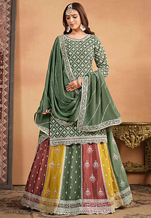 Embroidered Chinon Silk Lehenga in Dusty Green