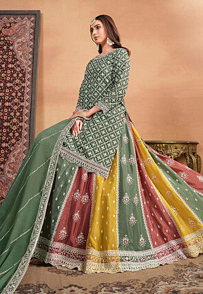 Embroidered Chinon Silk Lehenga in Dusty Green