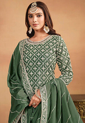 Embroidered Chinon Silk Lehenga in Dusty Green