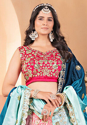 Embroidered Chinon Silk Lehenga in Multicolor