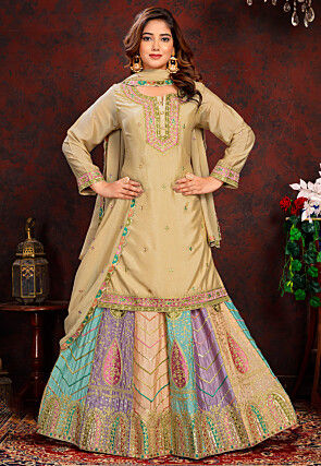 Embroidered Chinon Silk Lehenga in Multicolor