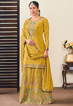 Embroidered Chinon Silk Lehenga in Mustard