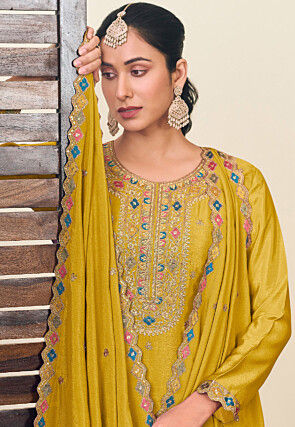 Embroidered Chinon Silk Lehenga in Mustard