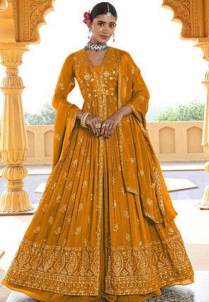 Embroidered Chinon Silk Lehenga in Mustard