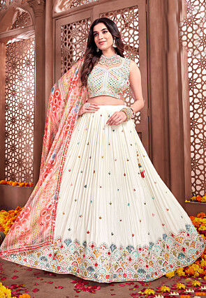 Embroidered Chinon Silk Lehenga in Off White
